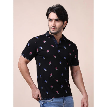 Rosolly Men's Casual Cotton Printed Polo Neck Half Sleeve T-Shirt (Black)