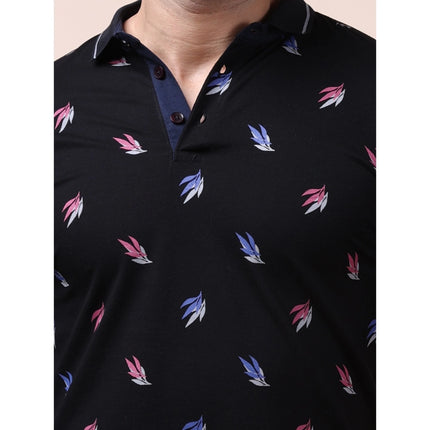 Rosolly Men's Casual Cotton Printed Polo Neck Half Sleeve T-Shirt (Black)
