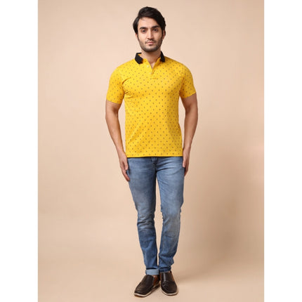 Rosolly Men's Casual Cotton Printed Polo Neck Half Sleeve T-Shirt (Yellow)