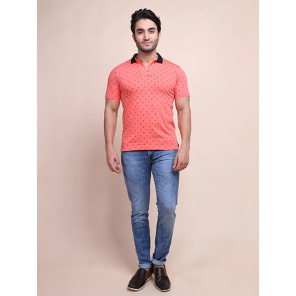 Rosolly Men's Casual Cotton Printed Polo Neck Half Sleeve T-Shirt (Red)