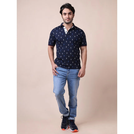 Rosolly Men's Casual Cotton Printed Polo Neck Half Sleeve T-Shirt (Navy)
