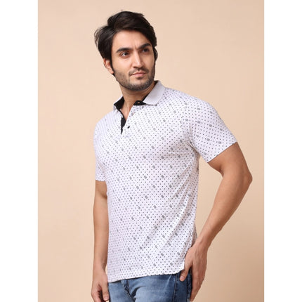 Rosolly Men's Casual Cotton Printed Polo Neck Half Sleeve T-Shirt (White)
