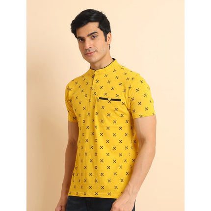 Rosolly Men's Casual Cotton Printed Mandarin Collar Half Sleeve T-Shirt (Mustard)