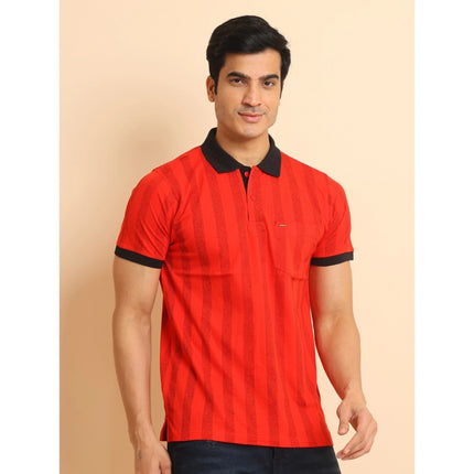 Rosolly Men's Casual Cotton Printed Polo Neck Half Sleeve T-Shirt (Red)