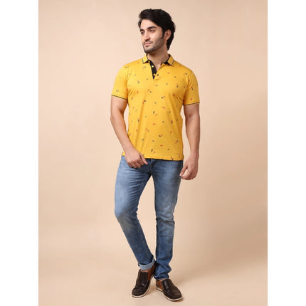 Rosolly Men's Casual Cotton Printed Polo Neck Half Sleeve T-Shirt (Mustard)