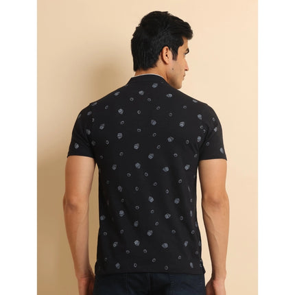 Rosolly Men's Casual Cotton Printed Mandarin Collar Half Sleeve T-Shirt (Black)