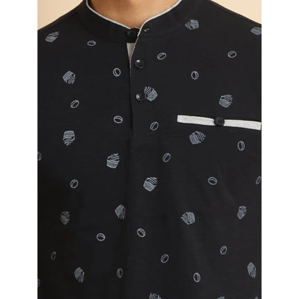 Rosolly Men's Casual Cotton Printed Mandarin Collar Half Sleeve T-Shirt (Black)