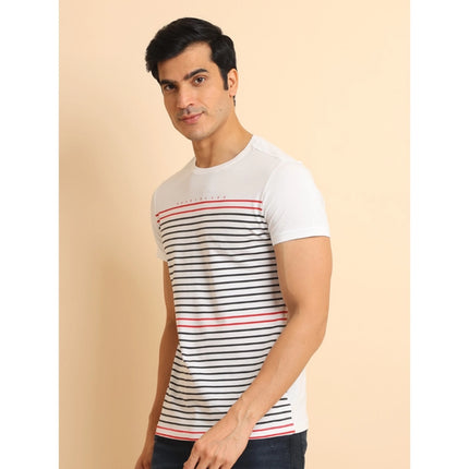 Rosolly Men's Casual Cotton Printed Round Neck Half Sleeve T-Shirt (White)
