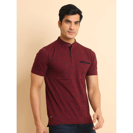 Rosolly Men's Casual Cotton Printed Mandarin Collar Half Sleeve T-Shirt (Plum)