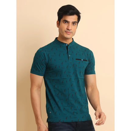 Rosolly Men's Casual Cotton Printed Mandarin Collar Half Sleeve T-Shirt (Green)