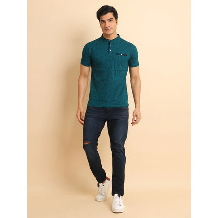 Rosolly Men's Casual Cotton Printed Mandarin Collar Half Sleeve T-Shirt (Green)