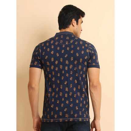 Rosolly Men's Casual Cotton Printed Mandarin Collar Half Sleeve T-Shirt (Navy)