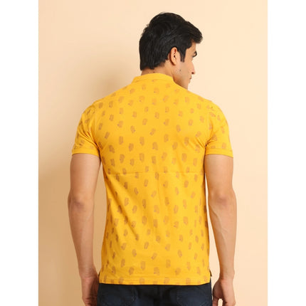 Rosolly Men's Casual Cotton Printed Mandarin Collar Half Sleeve T-Shirt (Mustard)