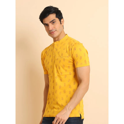 Rosolly Men's Casual Cotton Printed Mandarin Collar Half Sleeve T-Shirt (Mustard)