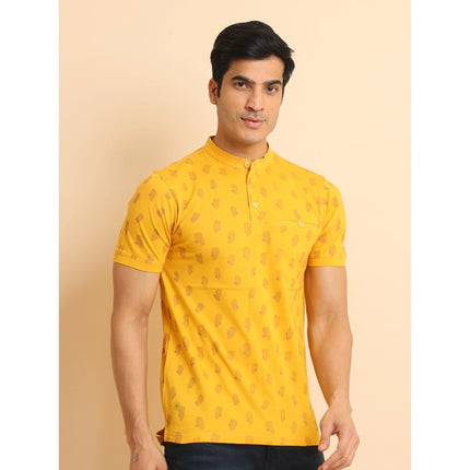Rosolly Men's Casual Cotton Printed Mandarin Collar Half Sleeve T-Shirt (Mustard)