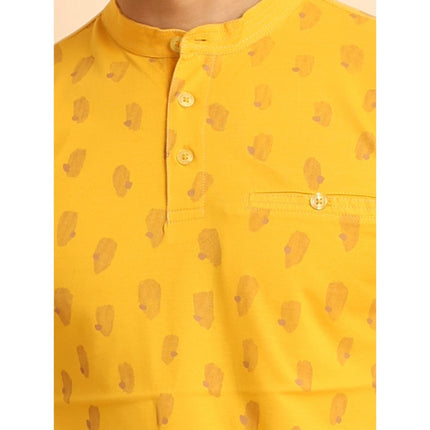Rosolly Men's Casual Cotton Printed Mandarin Collar Half Sleeve T-Shirt (Mustard)