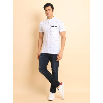 Rosolly Men's Casual Cotton Printed Mandarin Collar Half Sleeve T-Shirt (White)