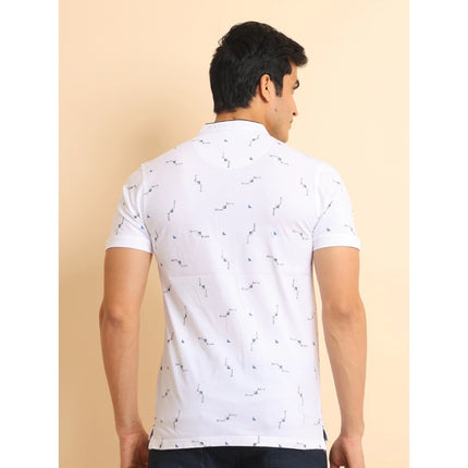 Rosolly Men's Casual Cotton Printed Mandarin Collar Half Sleeve T-Shirt (White)