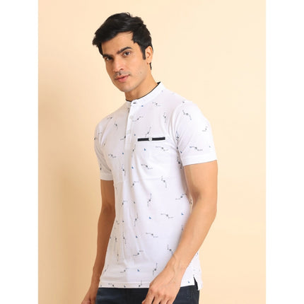 Rosolly Men's Casual Cotton Printed Mandarin Collar Half Sleeve T-Shirt (White)