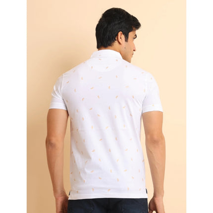 Rosolly Men's Casual Cotton Printed Polo Neck Half Sleeve T-Shirt (White)