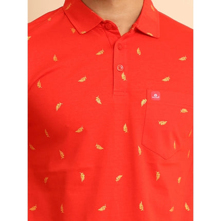 Rosolly Men's Casual Cotton Printed Polo Neck Half Sleeve T-Shirt (Red)
