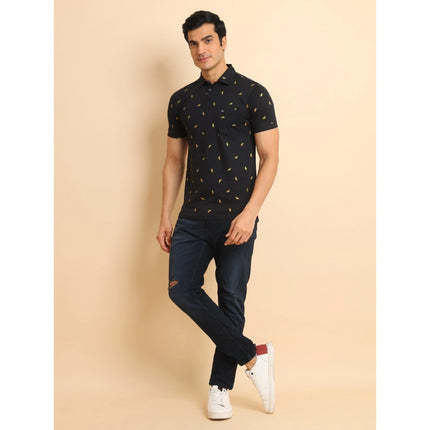 Rosolly Men's Casual Cotton Printed Polo Neck Half Sleeve T-Shirt (Black)