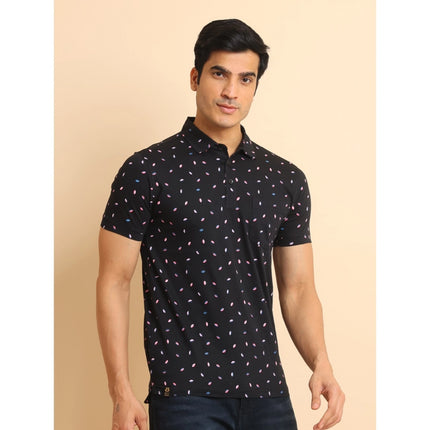 Rosolly Men's Casual Cotton Printed Polo Neck Half Sleeve T-Shirt (Black)