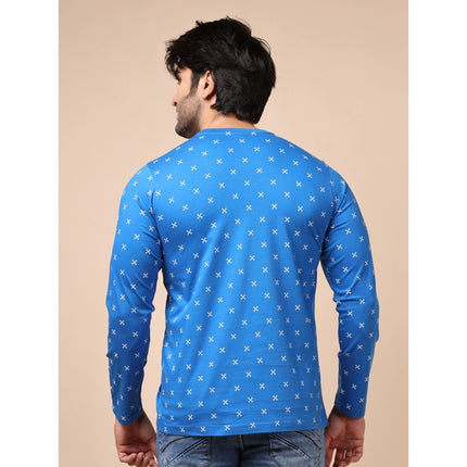 Rosolly Men's Casual Cotton Printed Round Neck Full Sleeve T-Shirt (Blue)