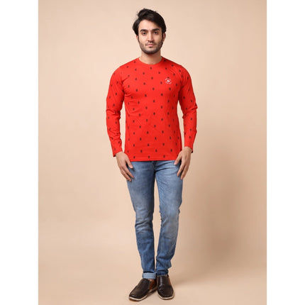 Rosolly Men's Casual Cotton Printed Round Neck Full Sleeve T-Shirt (Red)