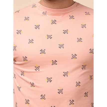 Rosolly Men's Casual Cotton Printed Round Neck Full Sleeve Sweat Shirt (Peach)