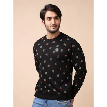 Rosolly Men's Casual Cotton Printed Round Neck Full Sleeve Sweat Shirt (Black)
