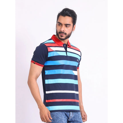 Rosolly Men's Casual Cotton Printed Polo Neck Half Sleeve T-Shirt (Navy)