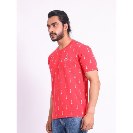 Rosolly Men's Casual Cotton Printed Round Neck Half Sleeve T-Shirt (Red)