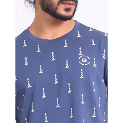 Rosolly Men's Casual Cotton Printed Round Neck Half Sleeve T-Shirt (Blue)