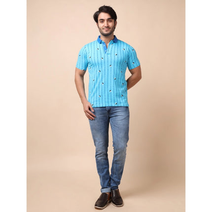 Rosolly Men's Casual Cotton Printed Polo Neck Half Sleeve T-Shirt (Skyblue)