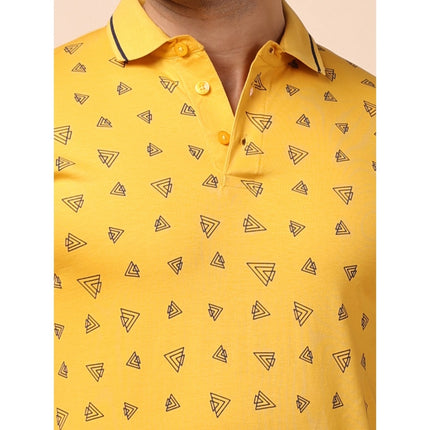 Rosolly Men's Casual Cotton Printed Polo Neck Half Sleeve T-Shirt (Mustard)