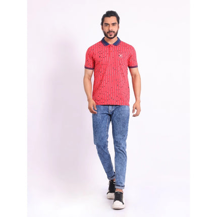 Rosolly Men's Casual Cotton Printed Polo Neck Half Sleeve T-Shirt (Red)