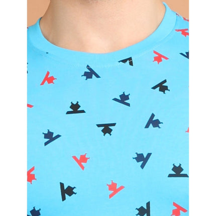 Rosolly Men's Casual Cotton Printed Round Neck Half Sleeve T-Shirt (Skyblue)
