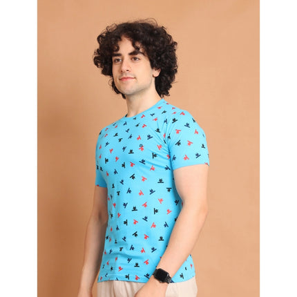 Rosolly Men's Casual Cotton Printed Round Neck Half Sleeve T-Shirt (Skyblue)