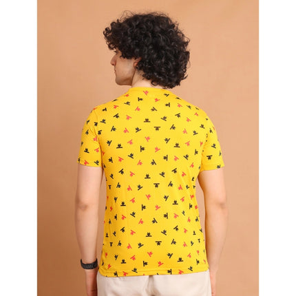 Rosolly Men's Casual Cotton Printed Round Neck Half Sleeve T-Shirt (Yellow)