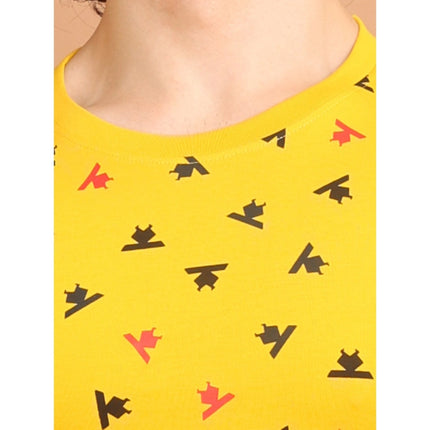 Rosolly Men's Casual Cotton Printed Round Neck Half Sleeve T-Shirt (Yellow)