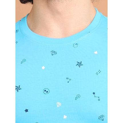 Rosolly Men's Casual Cotton Printed Round Neck Half Sleeve T-Shirt (Skyblue)
