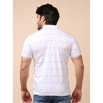 Rosolly Men's Casual Cotton Printed Polo Neck Half Sleeve T-Shirt (White)