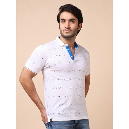 Rosolly Men's Casual Cotton Printed Polo Neck Half Sleeve T-Shirt (White)