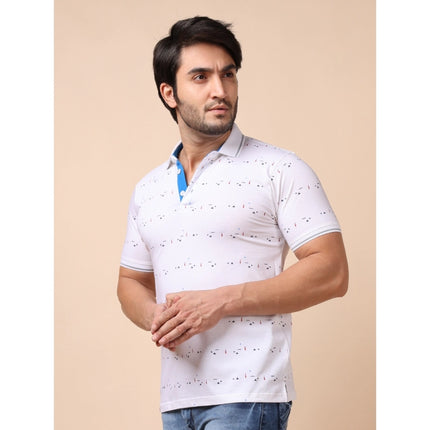 Rosolly Men's Casual Cotton Printed Polo Neck Half Sleeve T-Shirt (White)