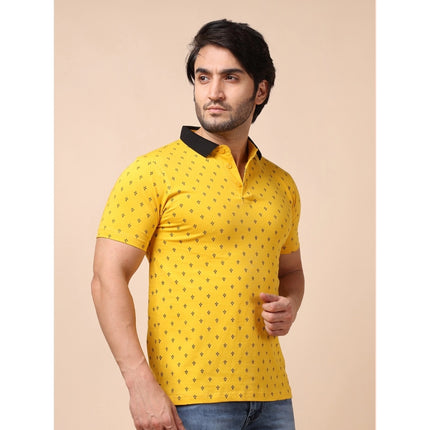 Rosolly Men's Casual Cotton Printed Polo Neck Half Sleeve T-Shirt (Yellow)