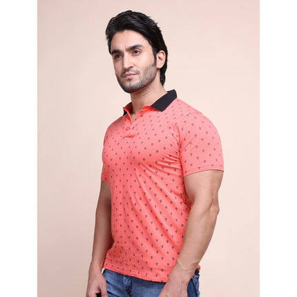 Rosolly Men's Casual Cotton Printed Polo Neck Half Sleeve T-Shirt (Red)