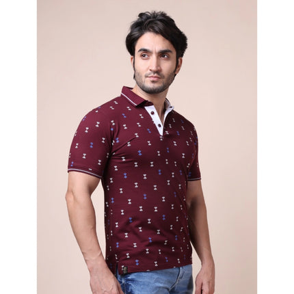 Rosolly Men's Casual Cotton Printed Polo Neck Half Sleeve T-Shirt (Plum)