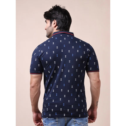 Rosolly Men's Casual Cotton Printed Polo Neck Half Sleeve T-Shirt (Navy)