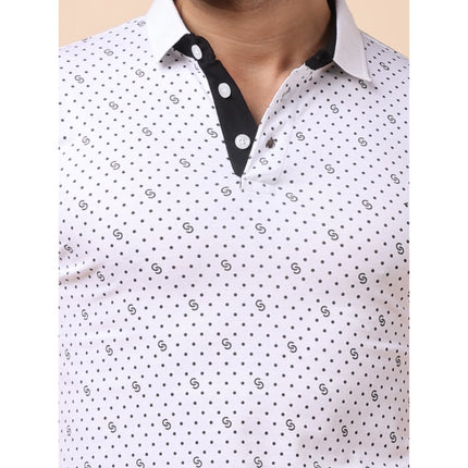 Rosolly Men's Casual Cotton Printed Polo Neck Half Sleeve T-Shirt (White)